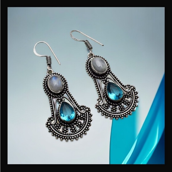 Rainbow Moonstone & Blue Topaz Drop Dangle Hook Style Earrings 2" L New With Tag - Picture 9 of 16